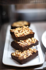 Chocolate Brownies on with tray Blurry Background