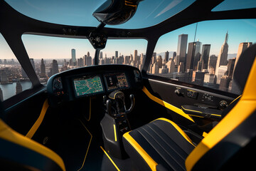 Inside view of an electric Air taxi eVTOL flying high over a city. Urban Air Mobility, concept of future transportation	