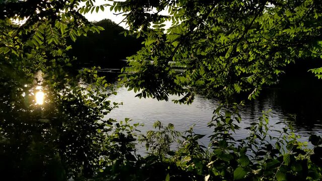 Sunset reflection and glistening small waves. Evening light atmosphere