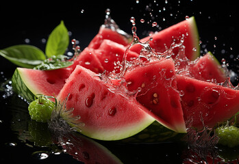 Photo water splashing on sliced of watermelon