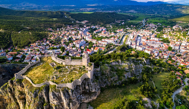 Boyabat Castle and Boyabat District aerial view. Sinop, Turkey. Drone shot.