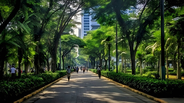 A photo og metro manila as a walkable city with lots of green space and a Beautifil Background Light Buildings Flash,Ai