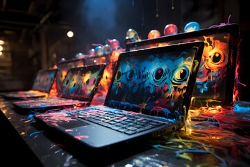 Using a laptop showing the different smiley faces, in the style of social critique, glitchy, abrupt, digital and glitchy