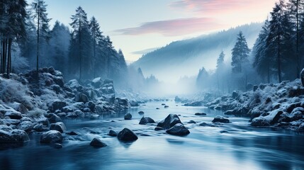  a river running through a forest filled with snow covered rocks.  generative ai