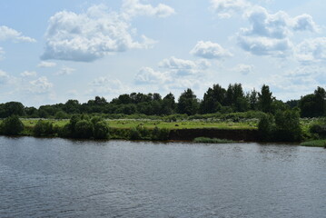 Fototapeta premium Summer sunny landscape. View of the river, green shore, dense forest, blue sky with white clouds. Beauties!