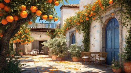  an orange tree in front of a house with oranges on it.  generative ai