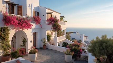  a house with flowers on the balcony and a view of the ocean.  generative ai