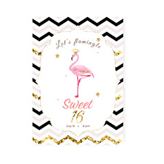 Sweet Sixteen party invitation card with golden glitter elements and a flamingo