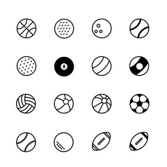 Sport balls set of 16 black and white vector icons isolated on white basketball golf bowling tennis biliard pool 8ball volleyball beach ball soccer football baseball honk-ball American football rugby 