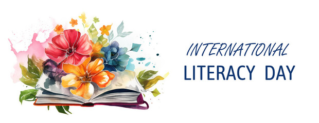 International literacy day watercolor illustration. Watercolor card with color books and flowers on white background