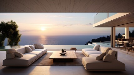 Fototapeta premium a living room filled with furniture next to a large window. generative ai