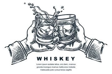 Hands cheers toast with whiskey or bourbon glasses. Vector hand drawn sketch illustration. Alcohol drinks label design