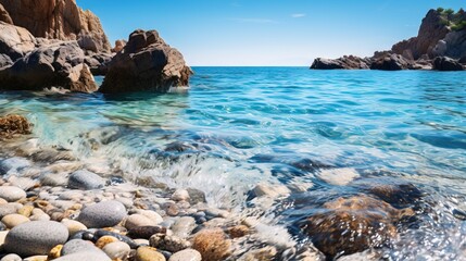  a rocky beach with clear blue water and rocks in the foreground.  generative ai