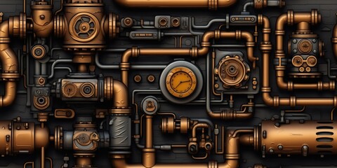 AI Generated. AI Generative. Steam punk pipes valve connection pattern decoration wallpapper design. Graphic Art