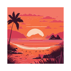 Evening on the beach with palm trees. illustration of tropical beach. Colorful picture for rest. Summer sunset agains - obrazy, fototapety, plakaty