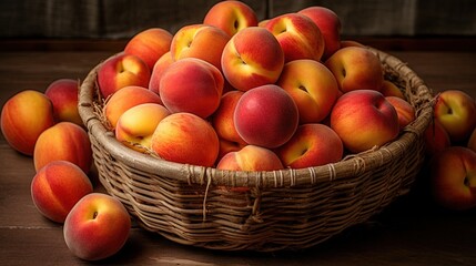  a basket full of peaches on a wooden table top.  generative ai