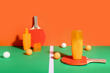 Bottles of sunscreen cream, ping pong rackets and balls on color background
