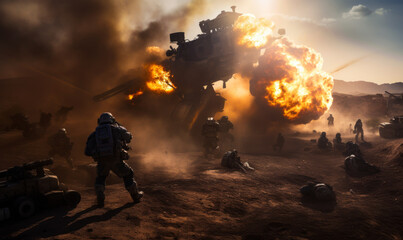 Obraz premium Terrible battlefield with soldiers fighting and some lying dead. War of humans and machines. Generative AI.