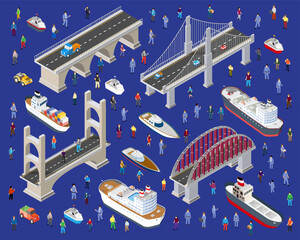 The bridge People of urban infrastructure is isometric for games 3D illustration