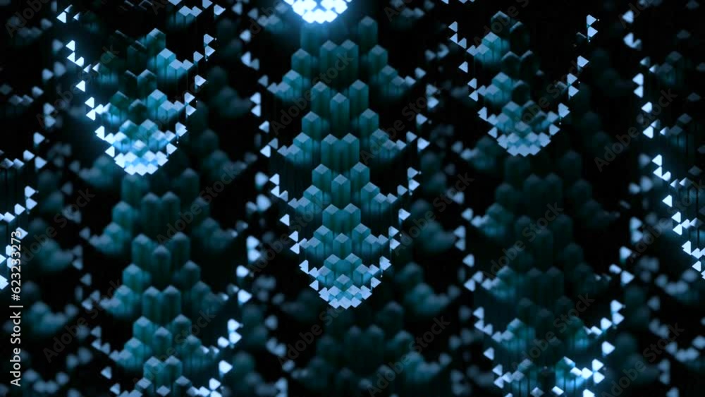 Poster Abstract background of moving streams with twisting. Design. 3D drop ceilings with swirling particles on black background. Colored particles move in abstract flow with swirling reverse