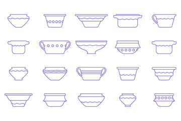 Outline vases and pots collection. Set ceramic jar in minimalist linear style. Vector illustration with bowl for liquids of various shapes. Vase pottery with decorative geometric elements