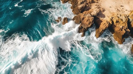Fototapeta na wymiar an aerial view of the ocean with waves crashing on the rocks. generative ai