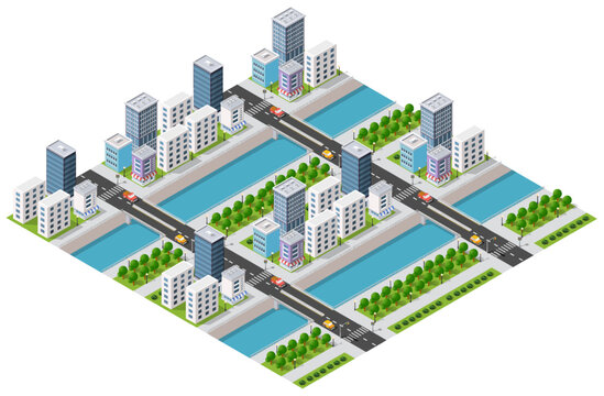 Isometric 3D illustration City with river embankment with people