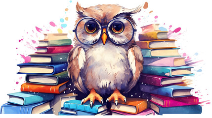 An owl wearing round glasses, next to a pile of books in different colors. On a white background. cartoon style,Ai