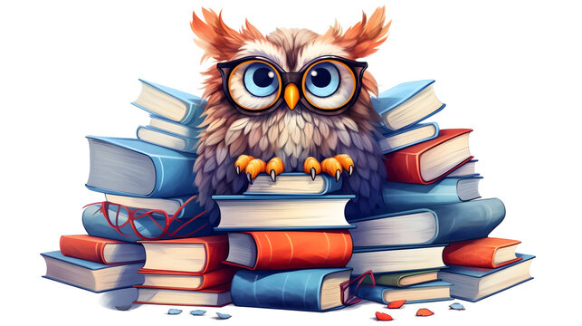 An owl wearing round glasses, next to a pile of books in different colors. On a white background. cartoon style,Ai