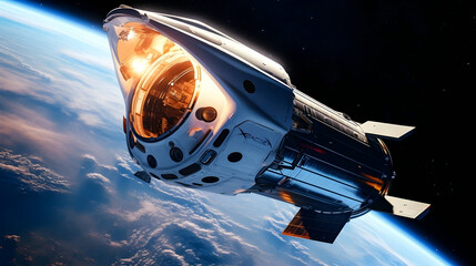 Crew Dragon spacecraft of the private American company SpaceX in space. Dragon is capable of carrying up to 7 passengers to and from Earth orbit,Ai