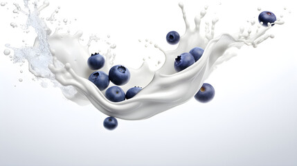 The creamy yogurt splash and the vibrant blue of blueberries combine harmoniously on a white background, evoking a feast for the eyes.