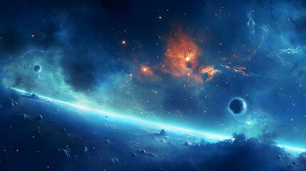 Obraz na płótnie Canvas Deep blue space background filled with nebulae and myriads of stars,Ai