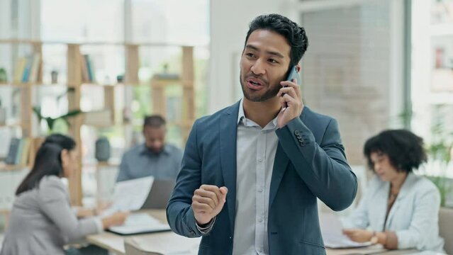 Businessman, Phone Call And Conversation In Meeting For Communication, Leadership Or Networking At Office. Asian Man Talking On Mobile Smartphone In Team Discussion For Business Proposal At Workplace