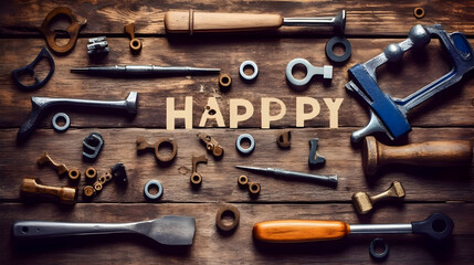 Happy Fathers Day wooden letters on a rustic wood background with tools and ties frame,Ai - Powered by Adobe
