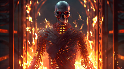 High quality 3D portrait rendering of a Ghoul guarding the gates of Hell. Burning hellish skull, sparkling red eyes,Generative Ai