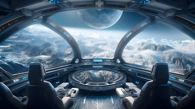 Futuristic interior of a space station with a view of Earth, Ai