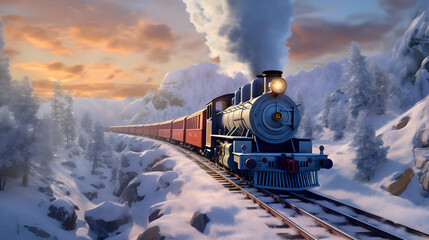 Pixar style, steam locomotive train running through the snowy mountains, the polar express, scenic landscape, stunning environment ,Generative Ai