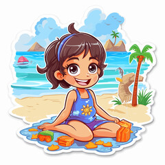 Obraz na płótnie Canvas Little girl playing with toys on the beach. Summer holidays and fun. Cartoon illustration.