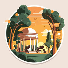 Classical music concert held in the gazebo in the city park. Cartoon vector illustration.
