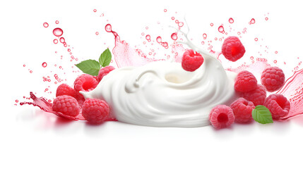 Against a backdrop of pure white, the swirl of yogurt and the burst of raspberries form an enticing display.