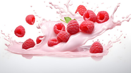 On a white stage, a mesmerizing interaction unfolds as a yogurt splash embraces the succulent raspberries, creating a tantalizing composition.