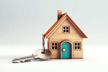 Wooden cottage with a house key on a white background. Turnkey real estate concept.