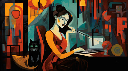 A young woman in a cozy sweater, seated on a modern chair, working on a shiny MacBook, a cat sleeping on her lap, abstract background of a small, well - lit apartment, thick brush strokes and bold col