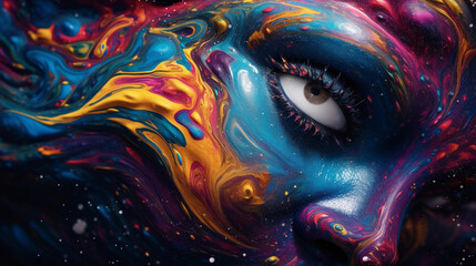 Abstract image of swirling, vibrant makeup colors melting into each other, resembling a galaxy, glittery texture, cosmic and psychedelic style