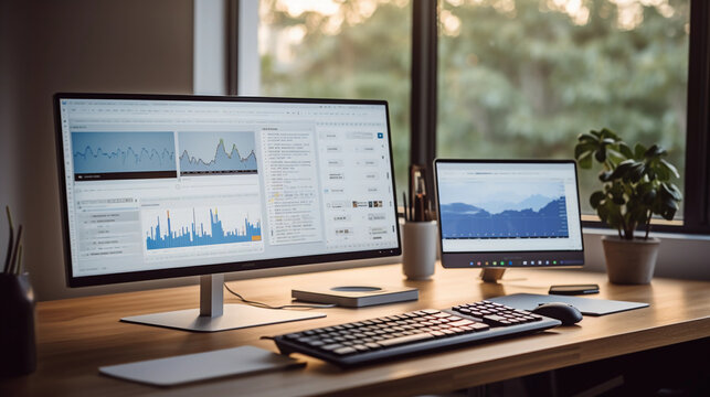 Detail shot of an ergonomic home office setup, standing desk with dual monitors, mechanical keyboard, wireless mouse, high key lighting, white walls, soft focus on desk details