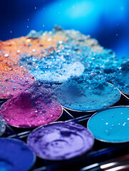 Fototapeta na wymiar High detail image of a stack of colorful eyeshadow palettes with a brush swiping a bright blue shade, shimmery particles in the air, dynamic lighting