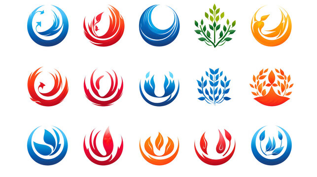 circle water logo, wind sphere plant leaves, wings flame sun abstract infinity Set of round icon symbol vector design,Generative Ai