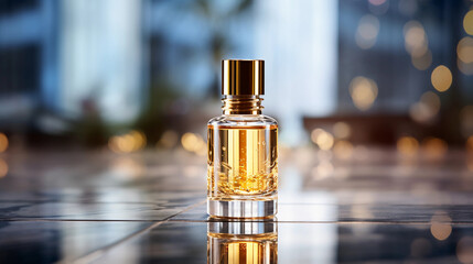 clear glass dropper bottle filled with a golden serum, placed on a reflective marble surface, soft lighting, close - up, bokeh effect