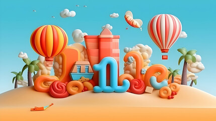 Summer vector banner design concept of 3d text in beach island with summer elements and balloons in blue sky background,Generative Ai