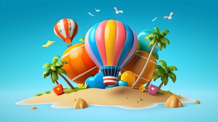 Summer vector banner design concept of 3d text in beach island with summer elements and balloons in blue sky background,Generative Ai